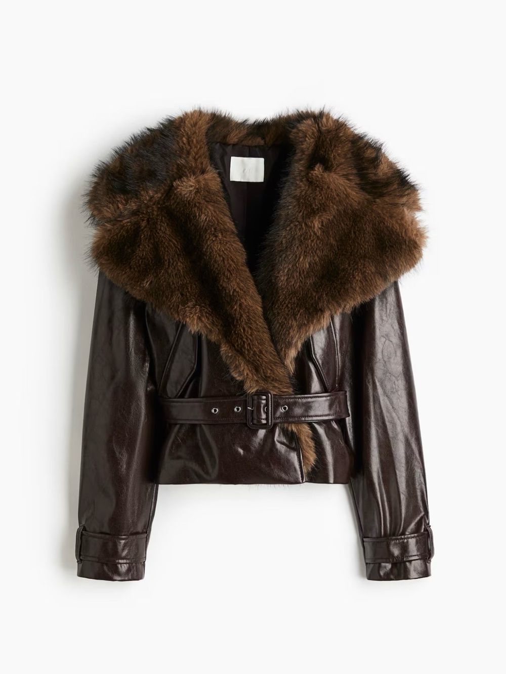 H & M Women's Brown Faux Leather Biker Jacket with Fur Collar